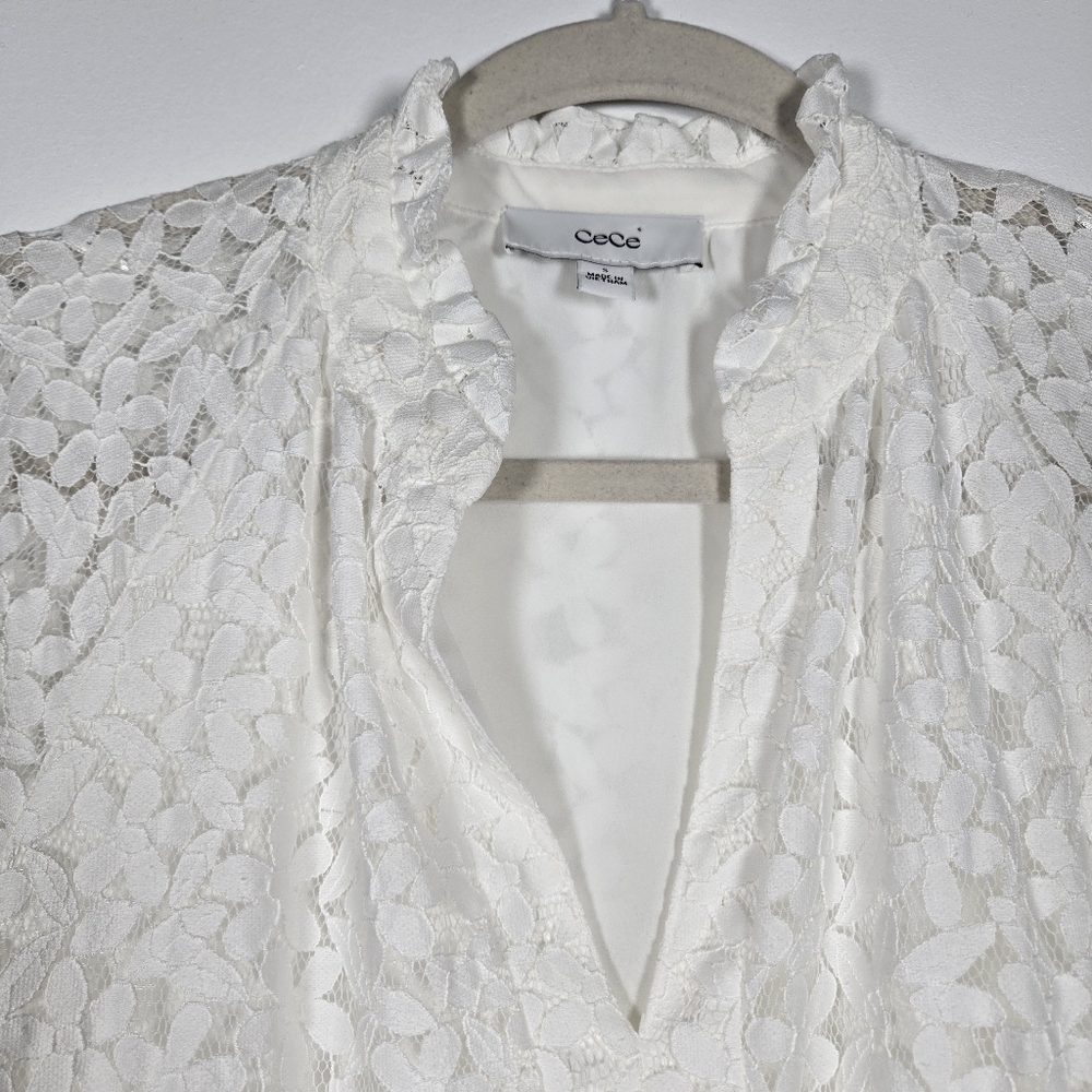 CeCe White Floral Lace Tiered Babydoll V-Neck Puff Sleeve Dress Size Small - Picture 5 of 16